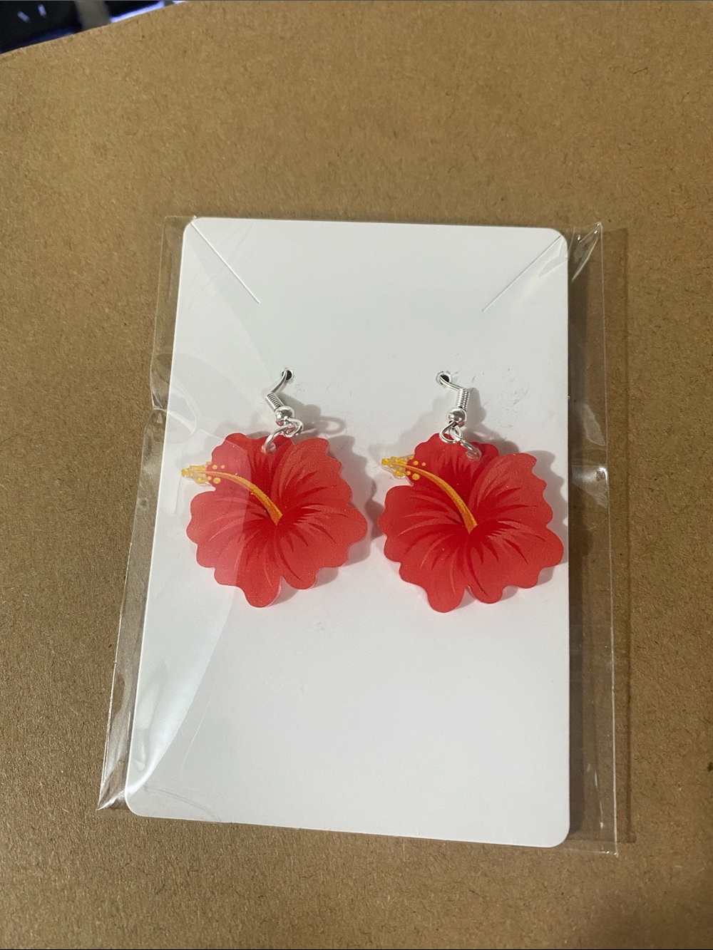 Red Hibiscus Flower Dangle Earrings
